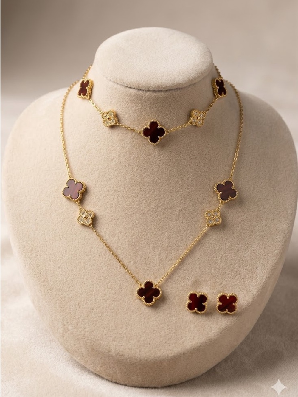 New Red & Crystal Clover Stainless Steel 3- Piece Jewelry Set